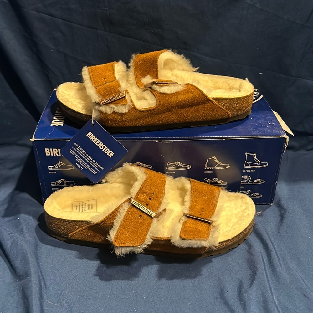Birkenstock- Arizona Shearling, Mink, Suede leather, 9 women QS